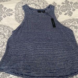 Tahari navy blue and white striped linen tank